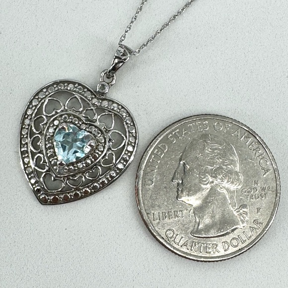 10K WG/925 Filigree Blue Topaz Heart Pendant Necklace - Picture 7 of 16